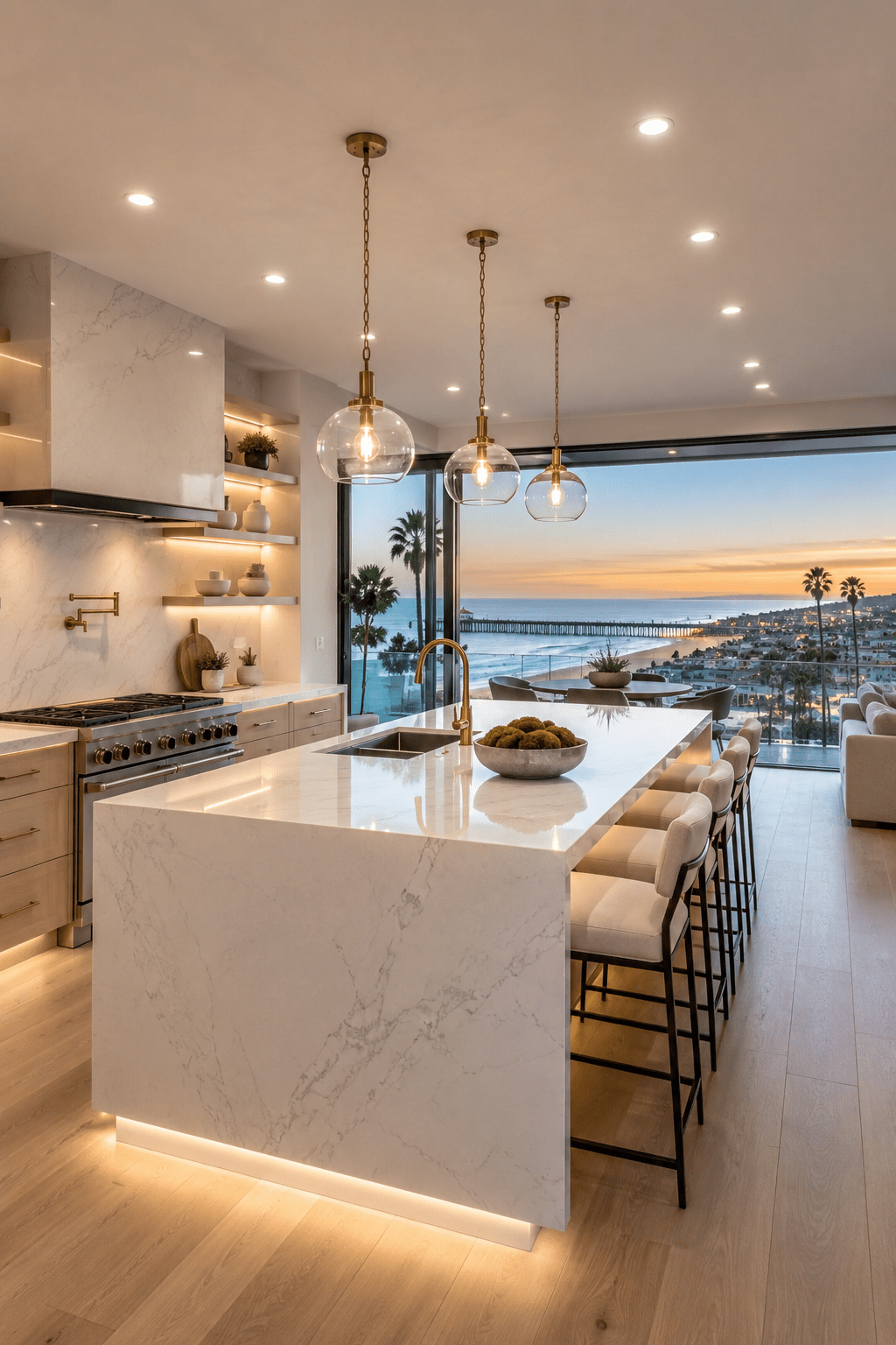 Luxury kitchen remodeling in Manhattan Beach CA with ocean view, custom cabinets, quartz waterfall island, and modern coastal design