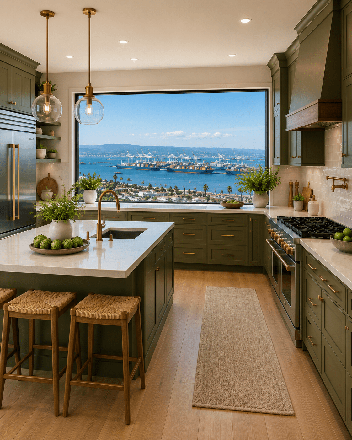 Luxury olive green kitchen remodeling in San Pedro CA with harbor view, custom cabinets, quartz countertops and modern coastal design