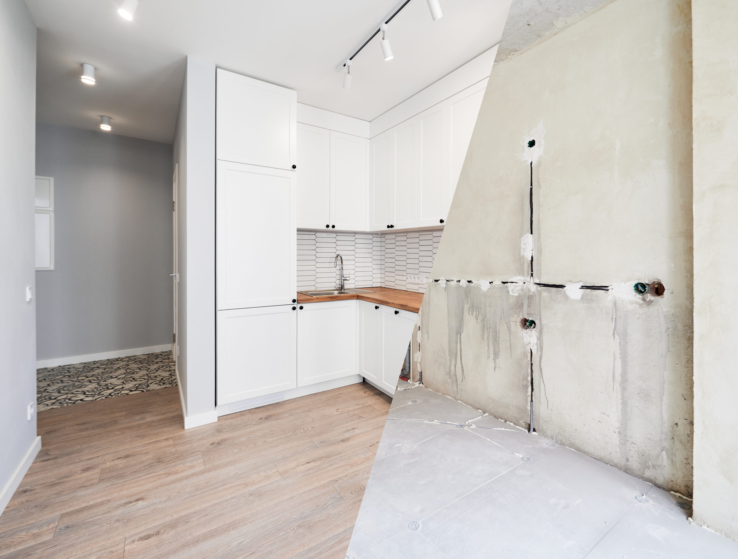 Modern kitchen remodeling in Lomita with white shaker cabinets, island seating, and quartz countertops
