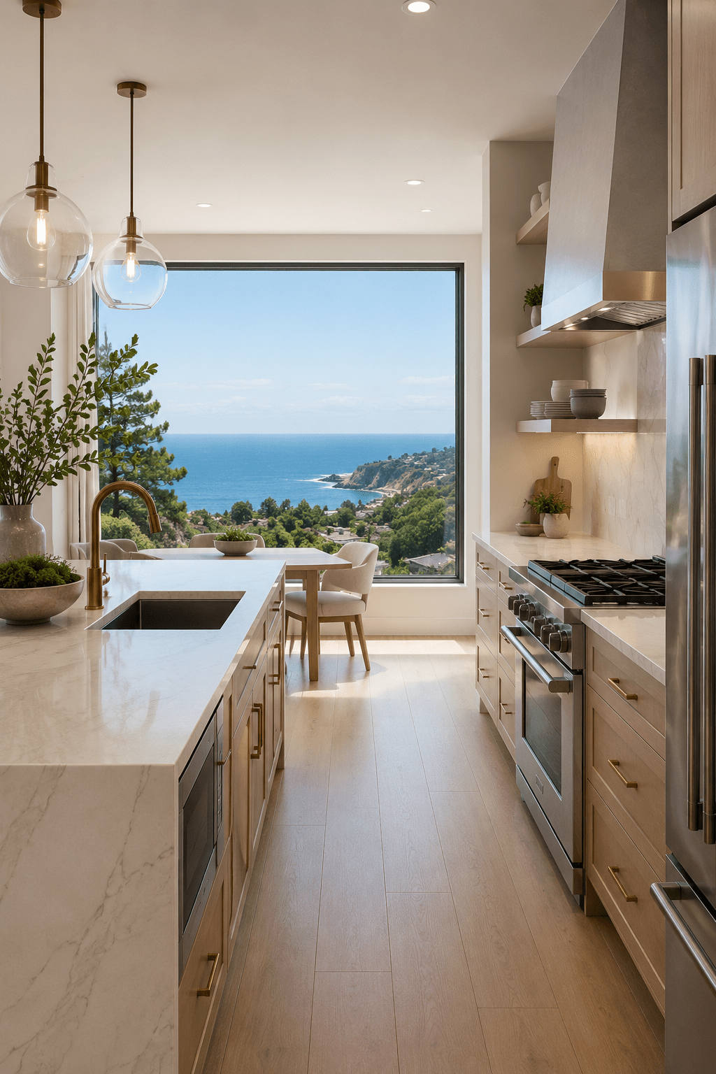 Luxury kitchen remodeling project in Palos Verdes Estates CA featuring custom cabinets, quartz countertops, and a modern kitchen island