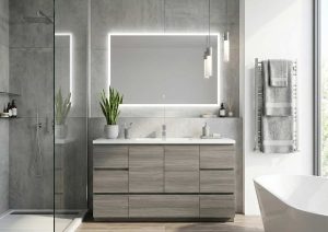 Custom double sink vanity with LED mirror and modern bathroom remodeling design in Manhattan Beach CA.