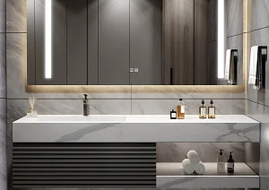 Luxury bathroom vanity remodel featuring custom cabinetry, quartz countertops, and premium lighting in Torrance CA.