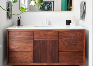 Modern floating bathroom vanity installation in South Bay CA by Builder’s Choice Kitchen & Bath Remodeling.