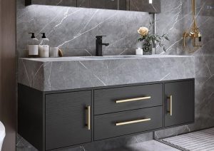 Contemporary bathroom vanity design with sleek storage solutions for South Bay California homes.